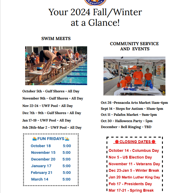 Flyer displaying a 2024 Fall/Winter schedule with swim meets and community service events.