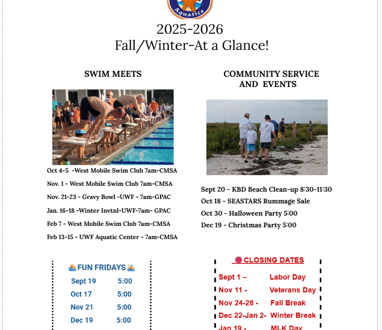 Fall/Winter swim meets and community events schedule for 2025-2026.